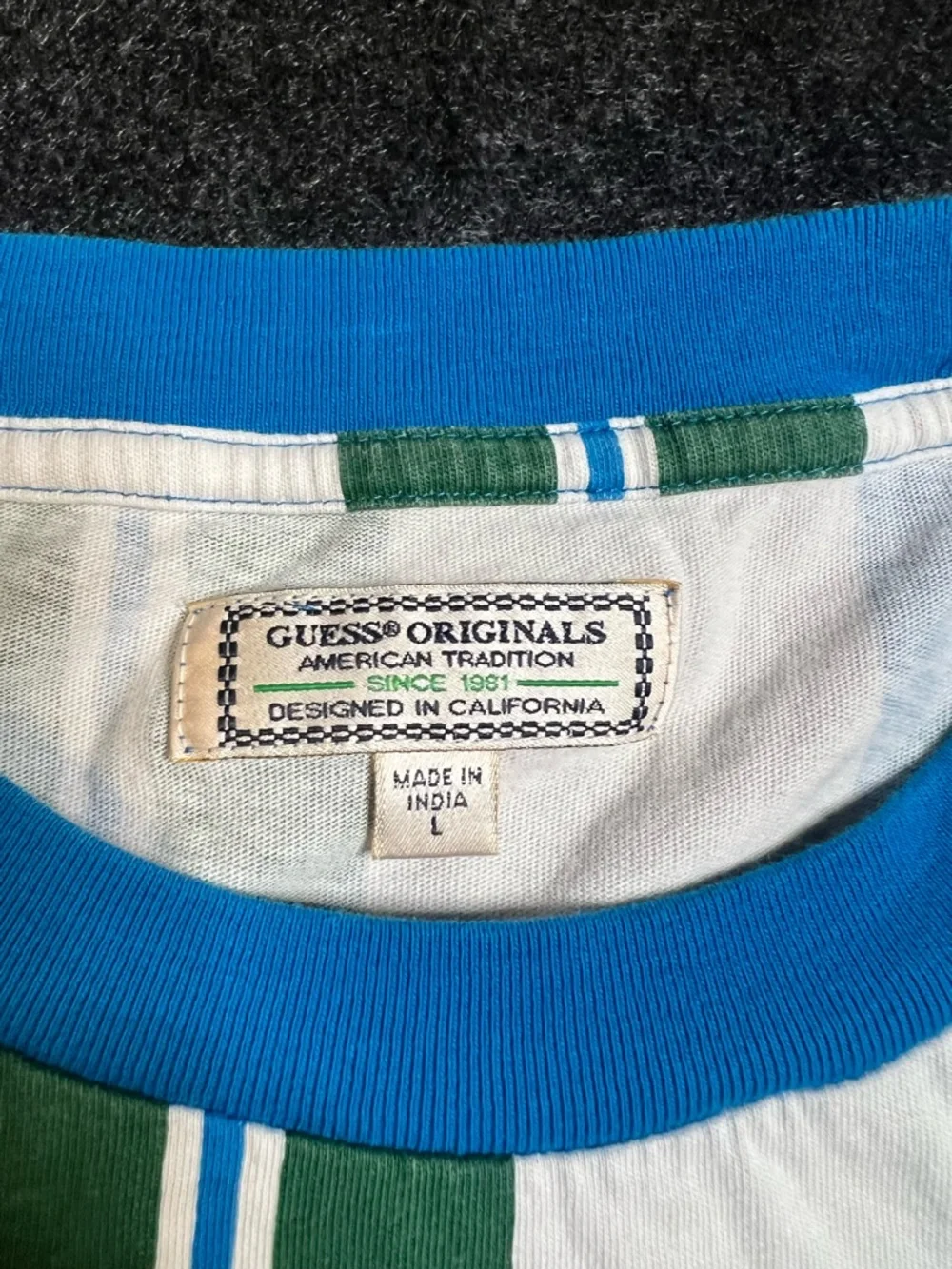 GUESS ORIGINALS AMERICAN TRADITION STRIPED MEN'S T-SHIRT BLUE GREEN WHITE SIZE L - Picture 3 of 6
